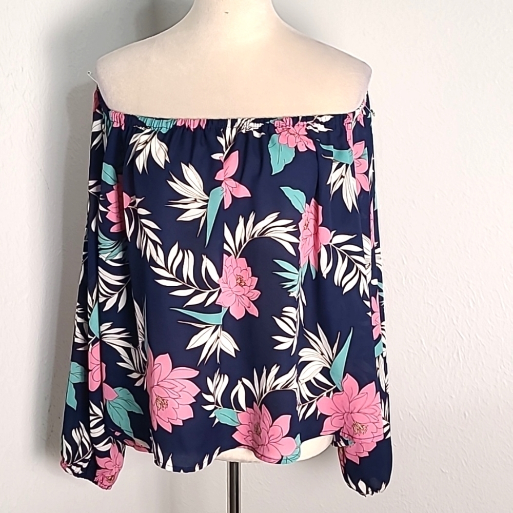 Forever 21 Off-Shoulder Blouse, Navy with Pink & Teal Flowers Size 2X, NWT